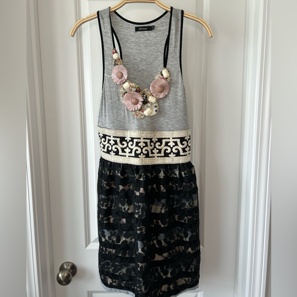 Chic Black and Gray lace and embroidered waist Mini Dress collar appliqué Y2K